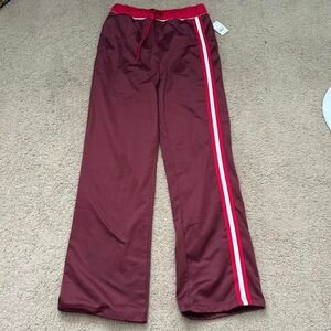 Burgundy and white striped joggers with elastic waist and drawstring